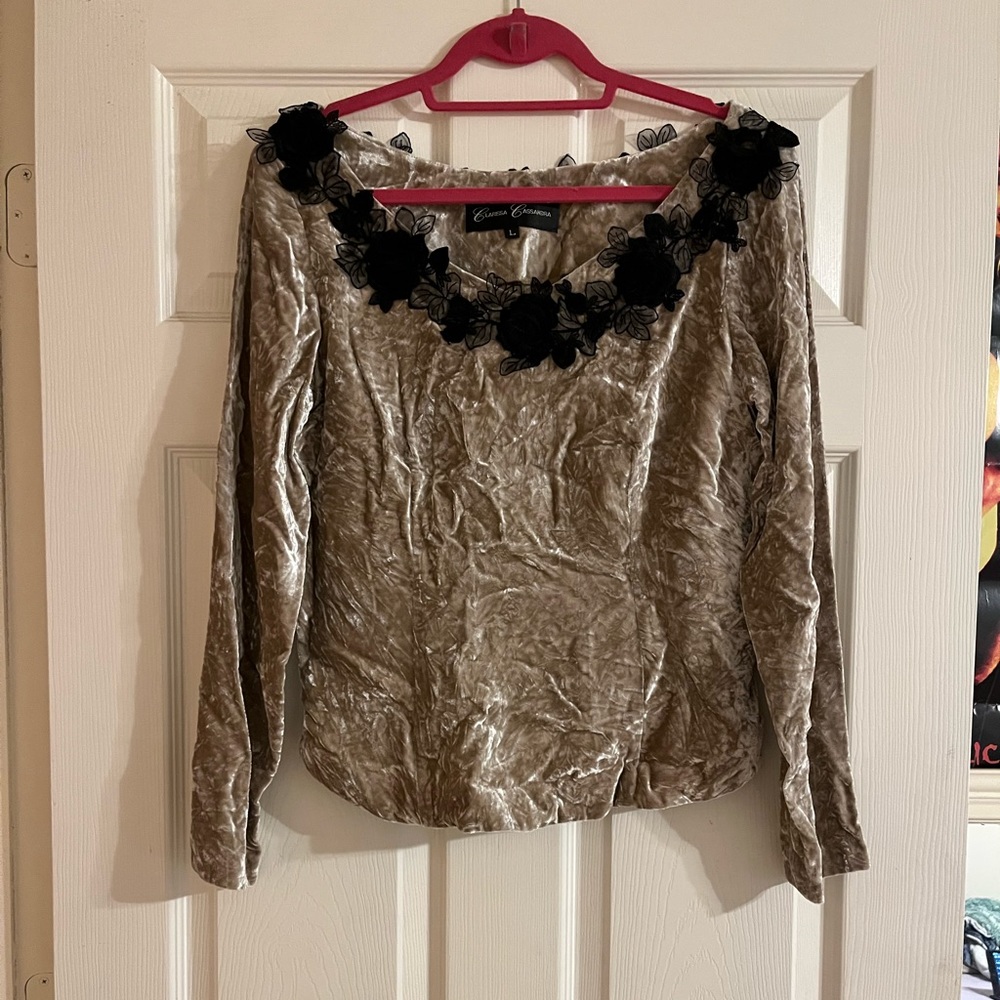 Crushed velvet taupe formal long sleeve top black rose detail neckline